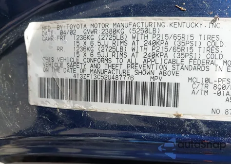 2002 Toyota Sienna Xle z USA, uszkodzony, nr VIN 4T3ZF13C52U487776